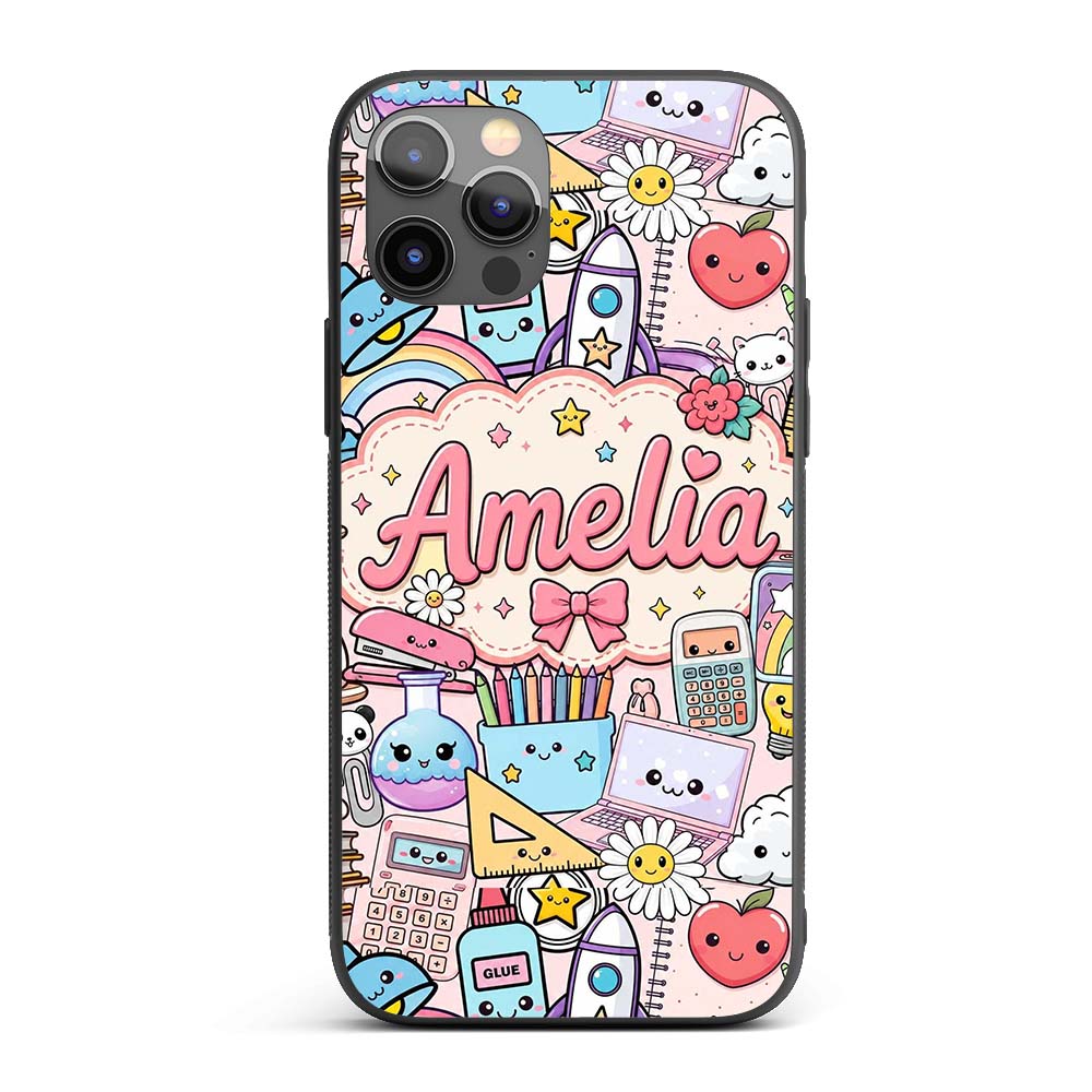 Cute Kawaii Busy School Supplies Printed Design Custom Name Protective Phone Case Mobile Cover Durable Everyday Smartphone Shock Resistant