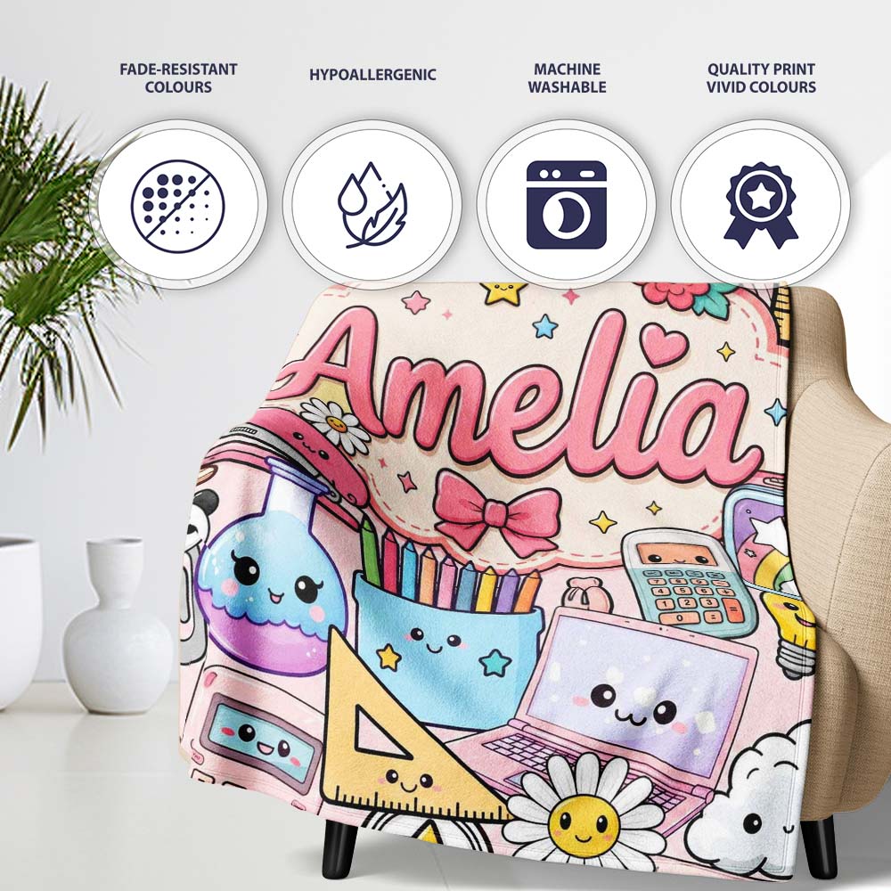 Cute Kawaii Busy School Supplies Desk Pink Background Seamless Personalised Custom Name Super Soft Fleece Blanket Bed Sofa Throw