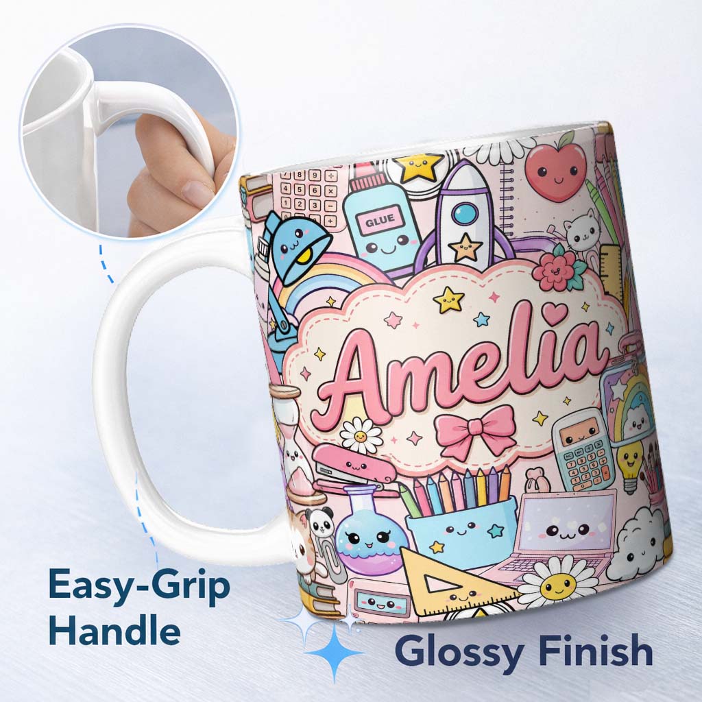 Personalized Custom Name Cute Kawaii Busy School Supplies Desk Pink Background Seamless 11oz Ceramic Coffee Tea Mug White Large Handle