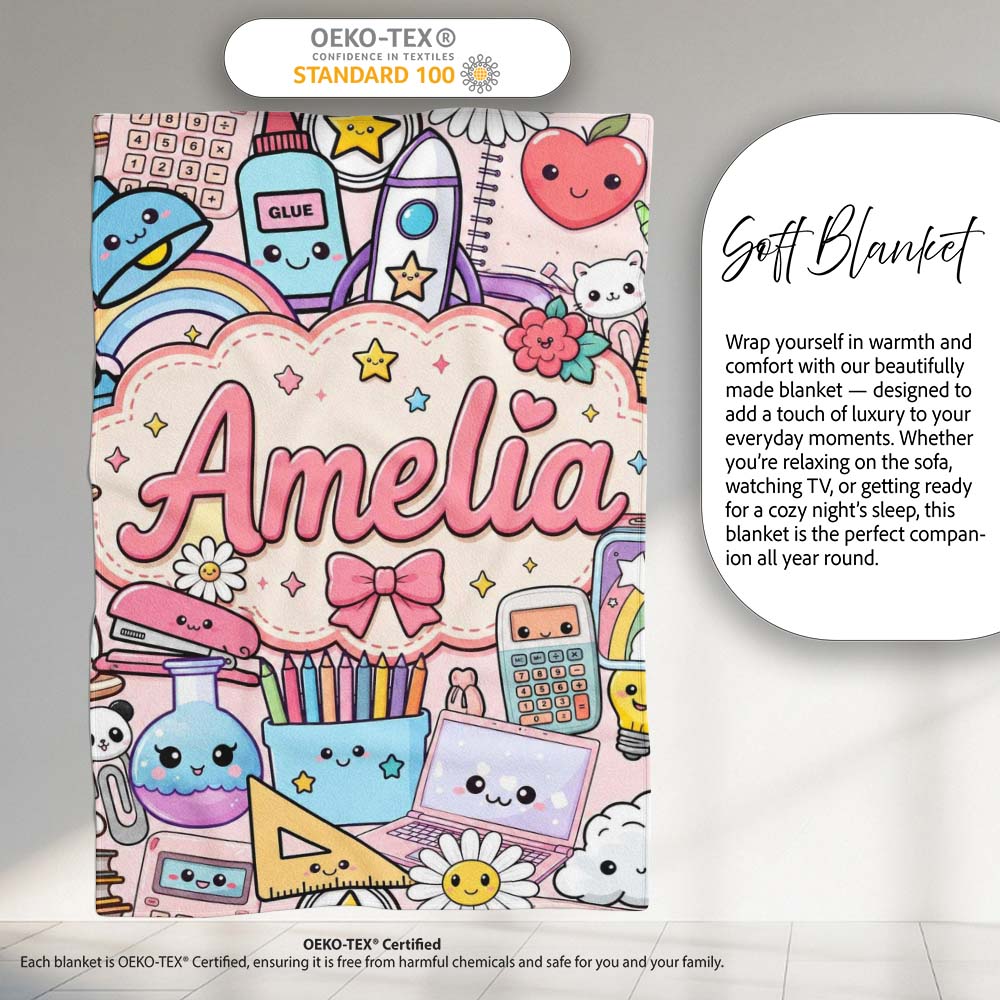Cute Kawaii Busy School Supplies Desk Pink Background Seamless Personalised Custom Name Super Soft Fleece Blanket Bed Sofa Throw