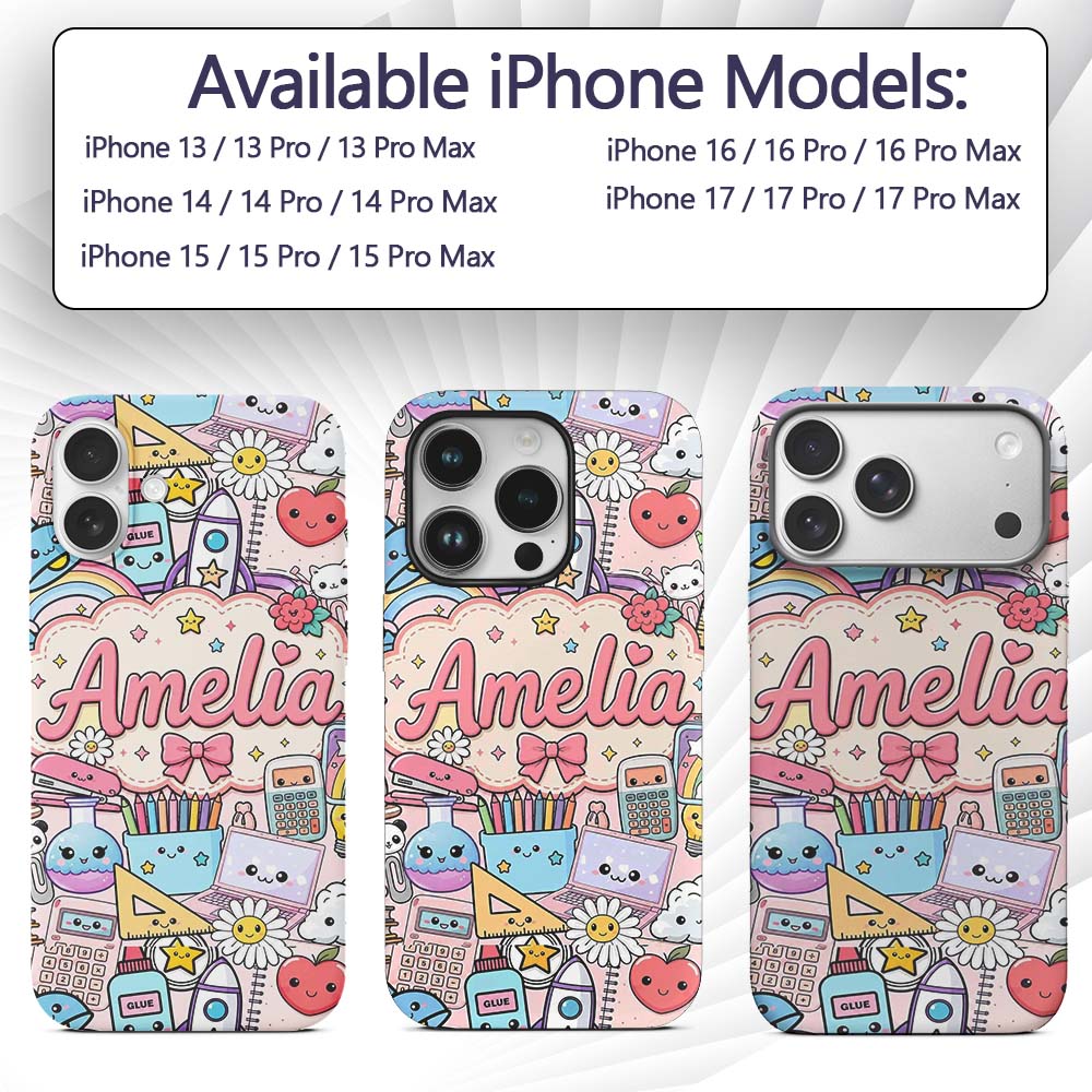 Cute Kawaii Busy School Supplies Printed Design Custom Name Protective Phone Case Mobile Cover Durable Everyday Smartphone Shock Resistant