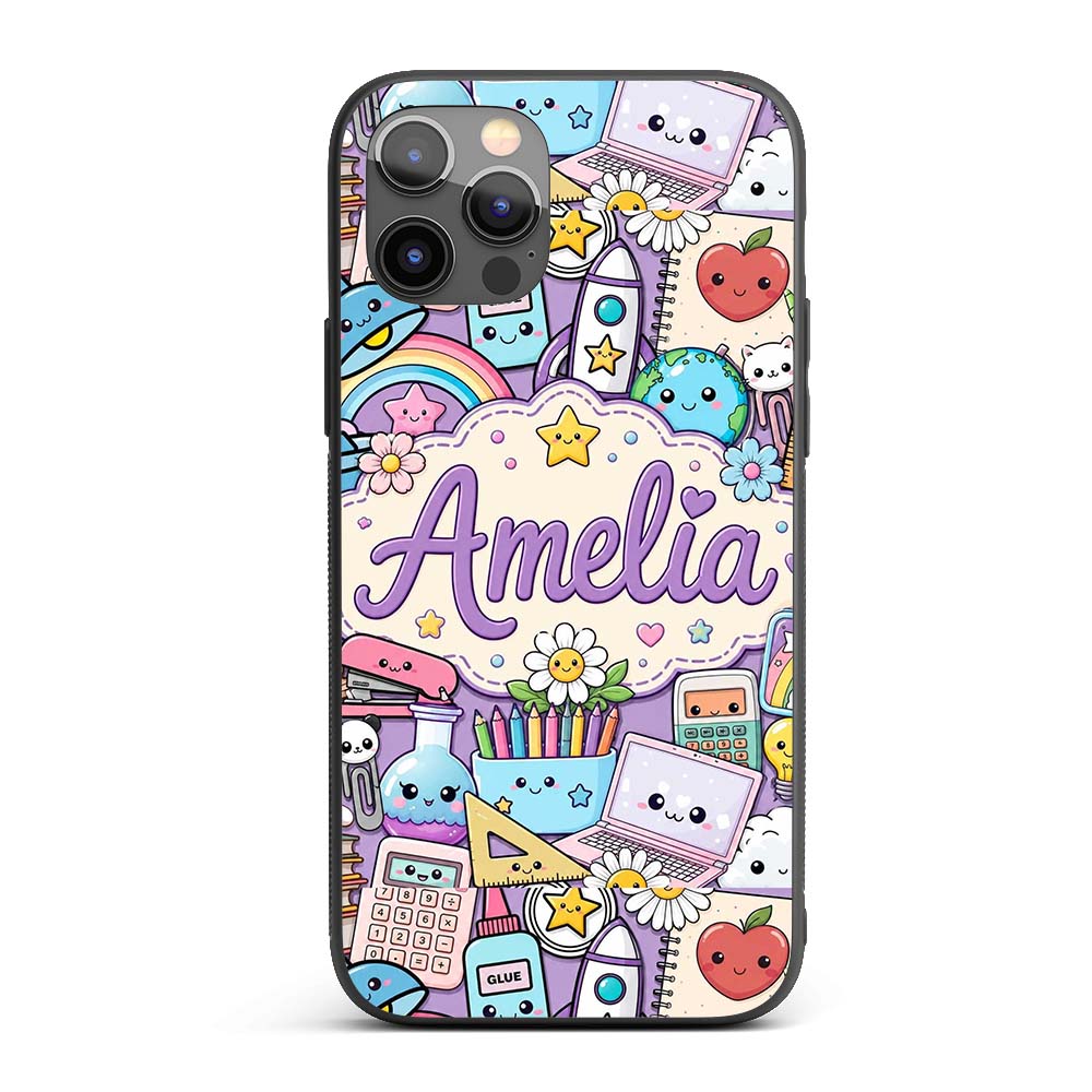 Cute Kawaii Busy School Supplies Desk Purple Custom Name Protective Phone Case Mobile Cover Durable Everyday Smartphone Shock Resistant