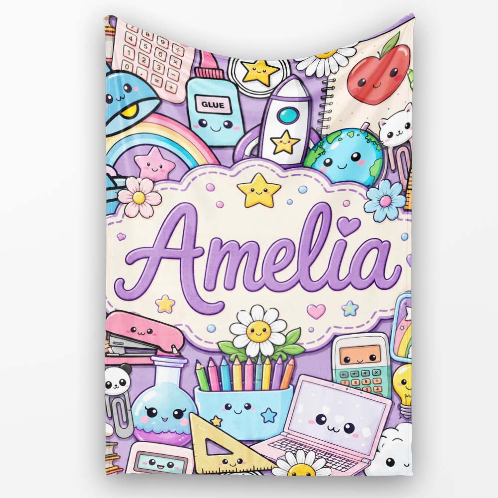 Cute Kawaii Busy School Supplies Desk Purple Background Seamless Personalised Custom Name Super Soft Fleece Blanket Bed Sofa Throw