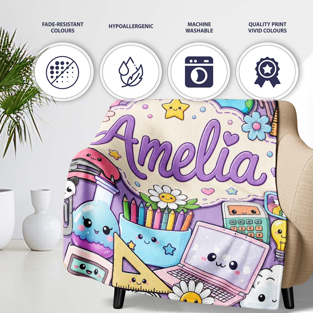 Cute Kawaii Busy School Supplies Desk Purple Background Seamless Personalised Custom Name Super Soft Fleece Blanket Bed Sofa Throw
