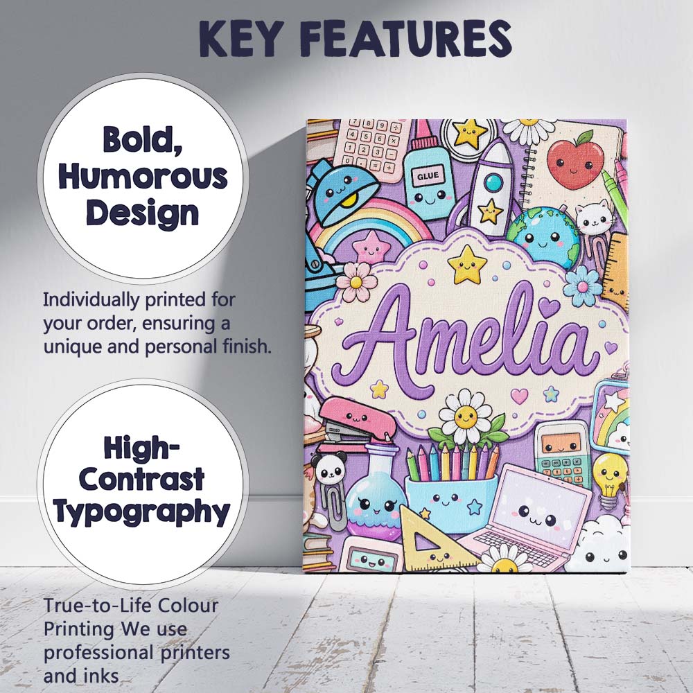 Personalised Name Cute Kawaii Busy School Custom Unique Gift Idea Elegant Feature Canvas Wall Art Print Decor Picture Ready to Hang