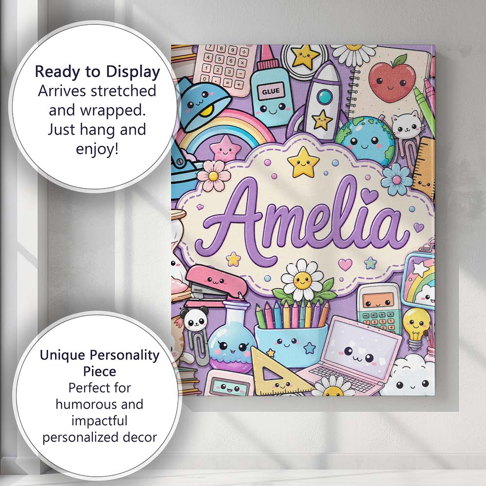 Personalised Name Cute Kawaii Busy School Custom Unique Gift Idea Elegant Feature Canvas Wall Art Print Decor Picture Ready to Hang