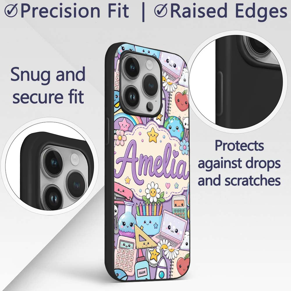 Cute Kawaii Busy School Supplies Desk Purple Custom Name Protective Phone Case Mobile Cover Durable Everyday Smartphone Shock Resistant
