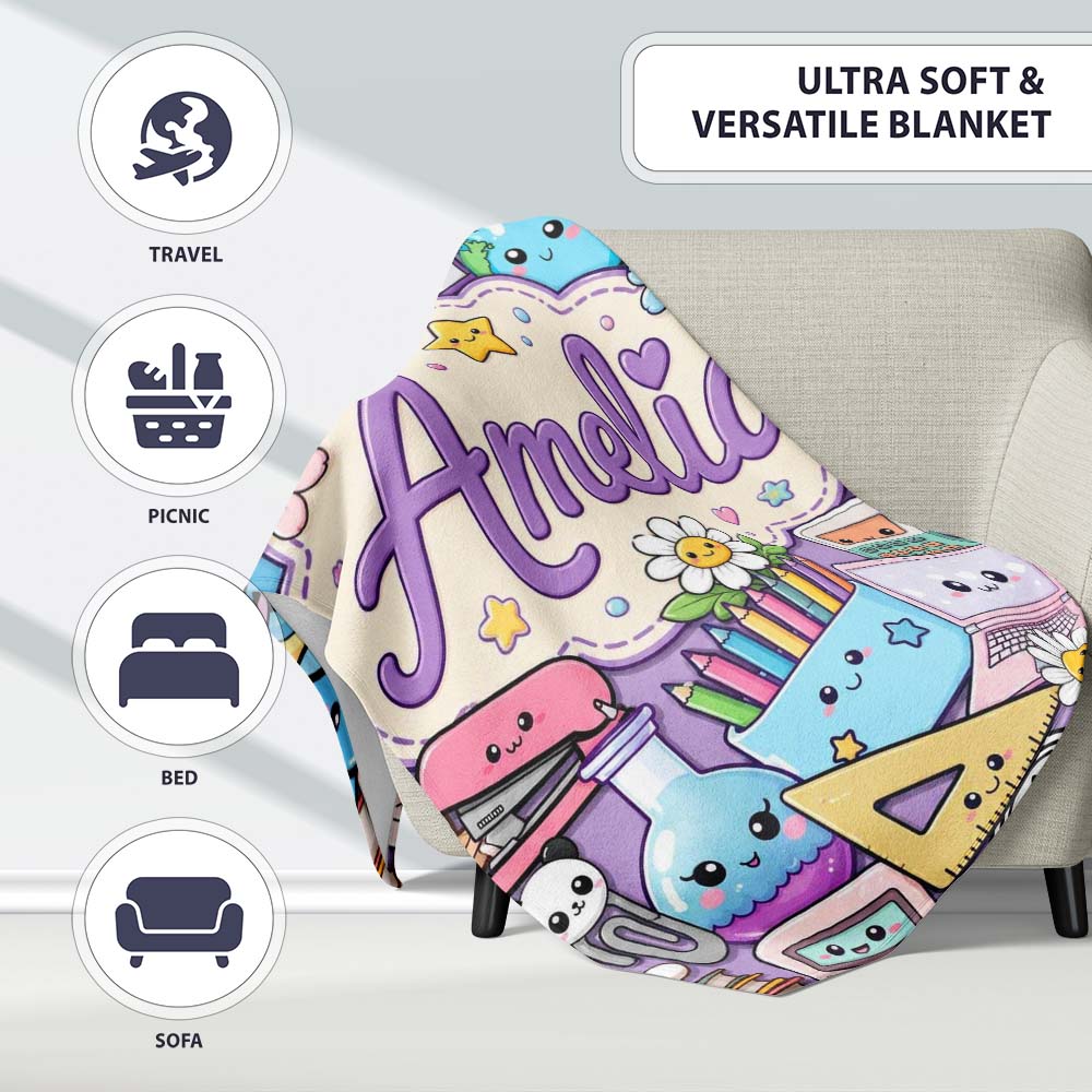 Cute Kawaii Busy School Supplies Desk Purple Background Seamless Personalised Custom Name Super Soft Fleece Blanket Bed Sofa Throw