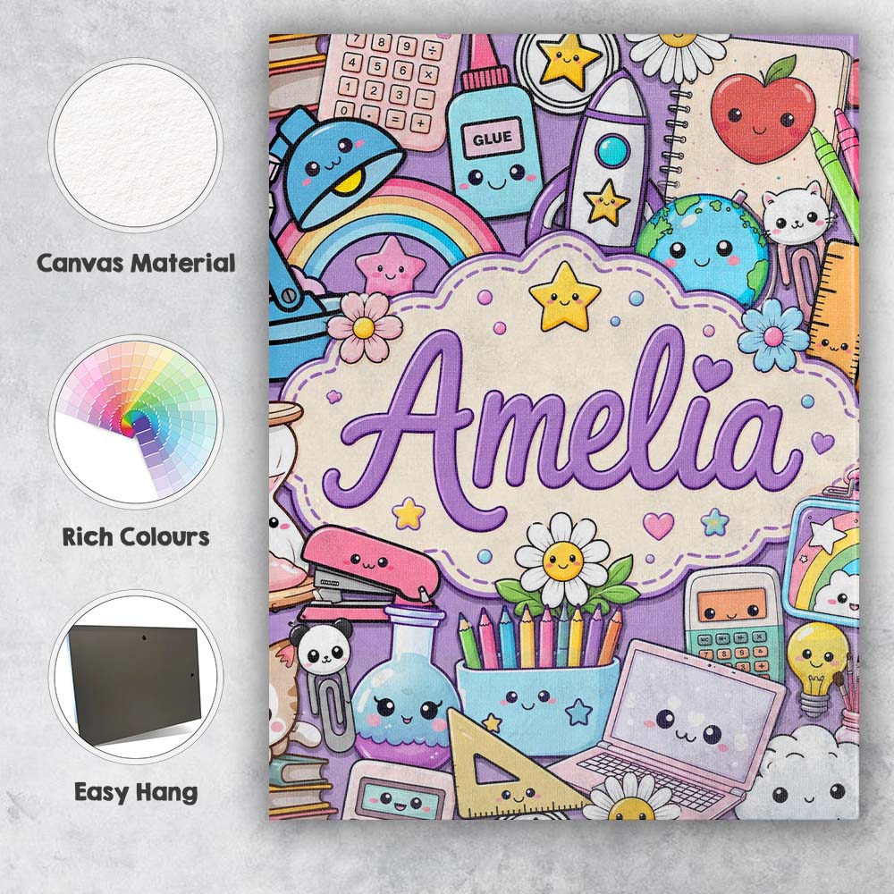 Personalised Name Cute Kawaii Busy School Custom Unique Gift Idea Elegant Feature Canvas Wall Art Print Decor Picture Ready to Hang