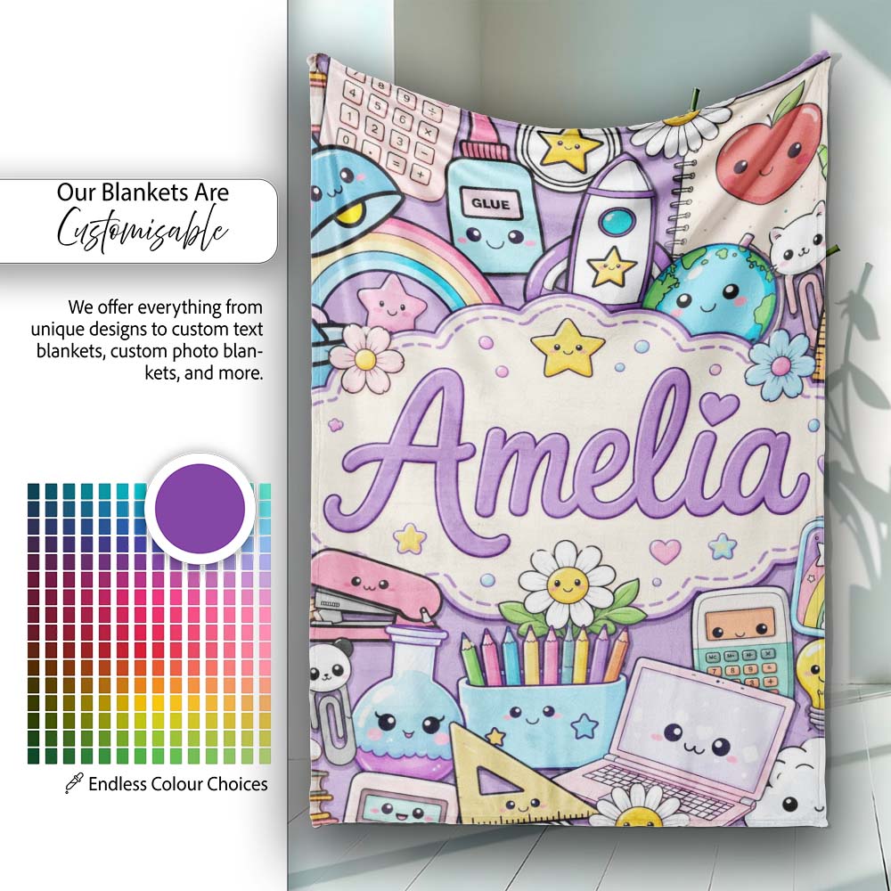 Cute Kawaii Busy School Supplies Desk Purple Background Seamless Personalised Custom Name Super Soft Fleece Blanket Bed Sofa Throw