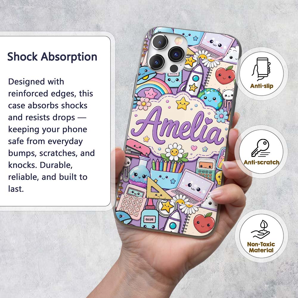 Cute Kawaii Busy School Supplies Desk Purple Custom Name Protective Phone Case Mobile Cover Durable Everyday Smartphone Shock Resistant