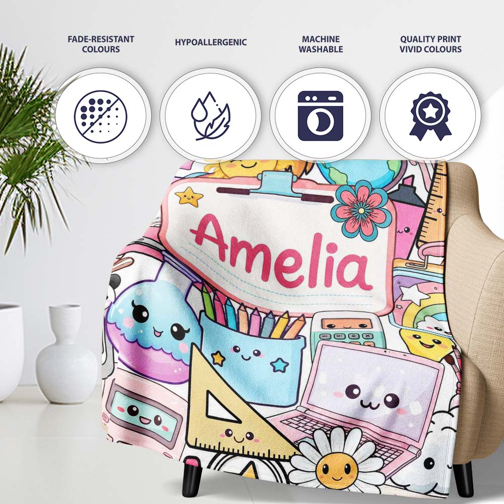 Cute Kawaii Busy School Supplies Desk Grey Background Seamless Personalised Custom Name Super Soft Fleece Blanket Bed Sofa Throw