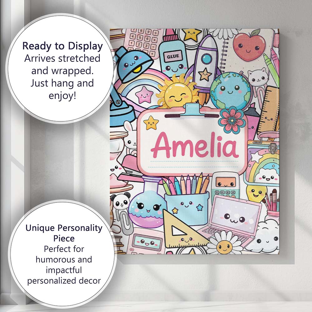 Personalised Name Cute Kawaii Busy School Custom Unique Gift Idea Elegant Feature Canvas Wall Art Print Decor Picture Ready to Hang