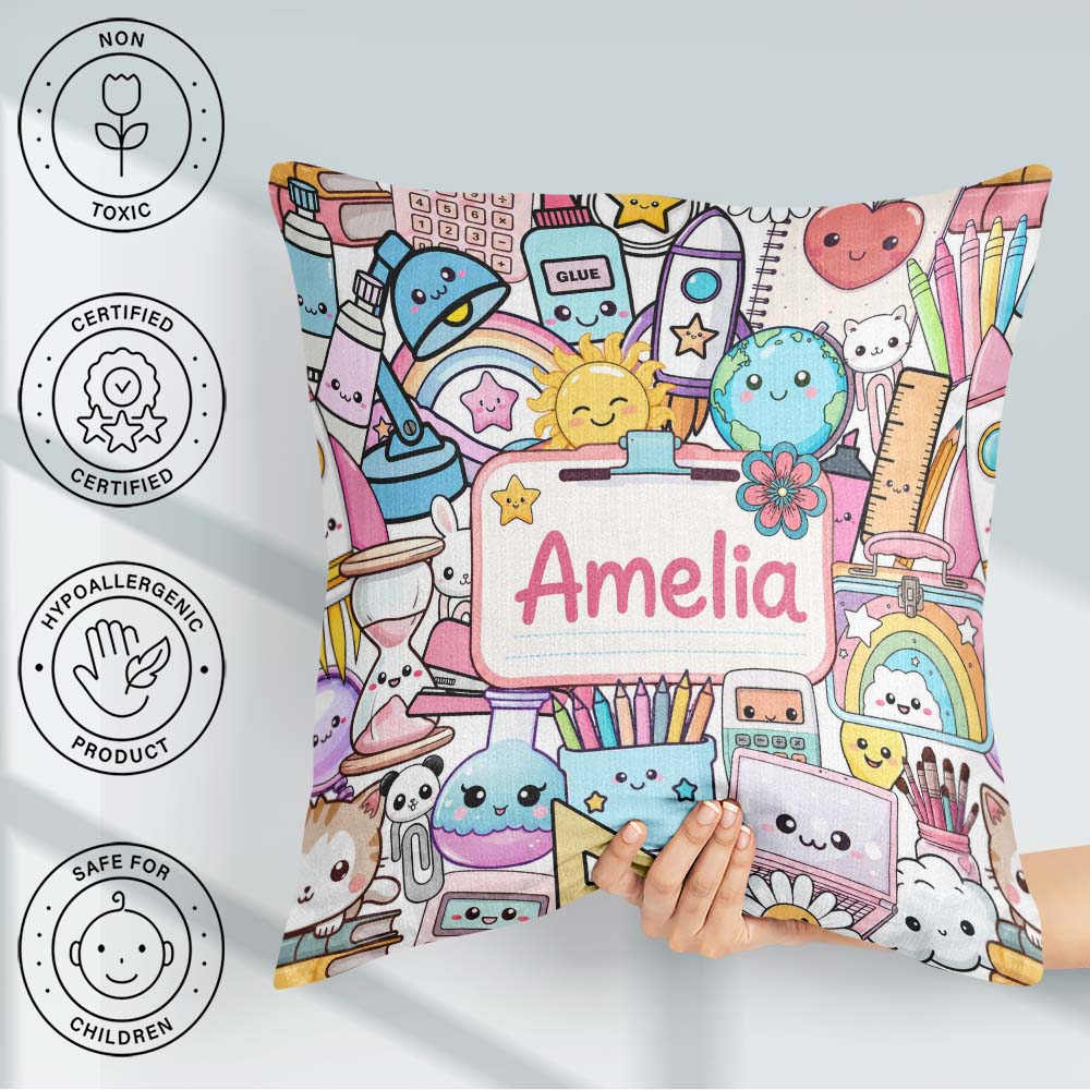 Custom Name Cute Kawaii Busy School Supplies Desk Grey Seamless Square Filled Cushion Throw Pillow Sofa Bed Home Decor Zip Washable UK Made