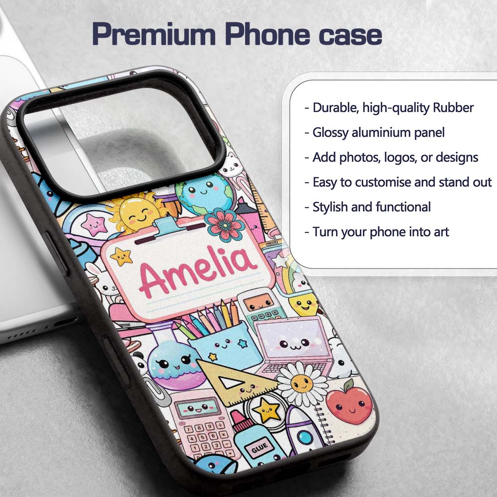 Cute Kawaii Busy School Supplies Printed Design Custom Name Protective Phone Case Mobile Cover Durable Everyday Smartphone Shock Resistant