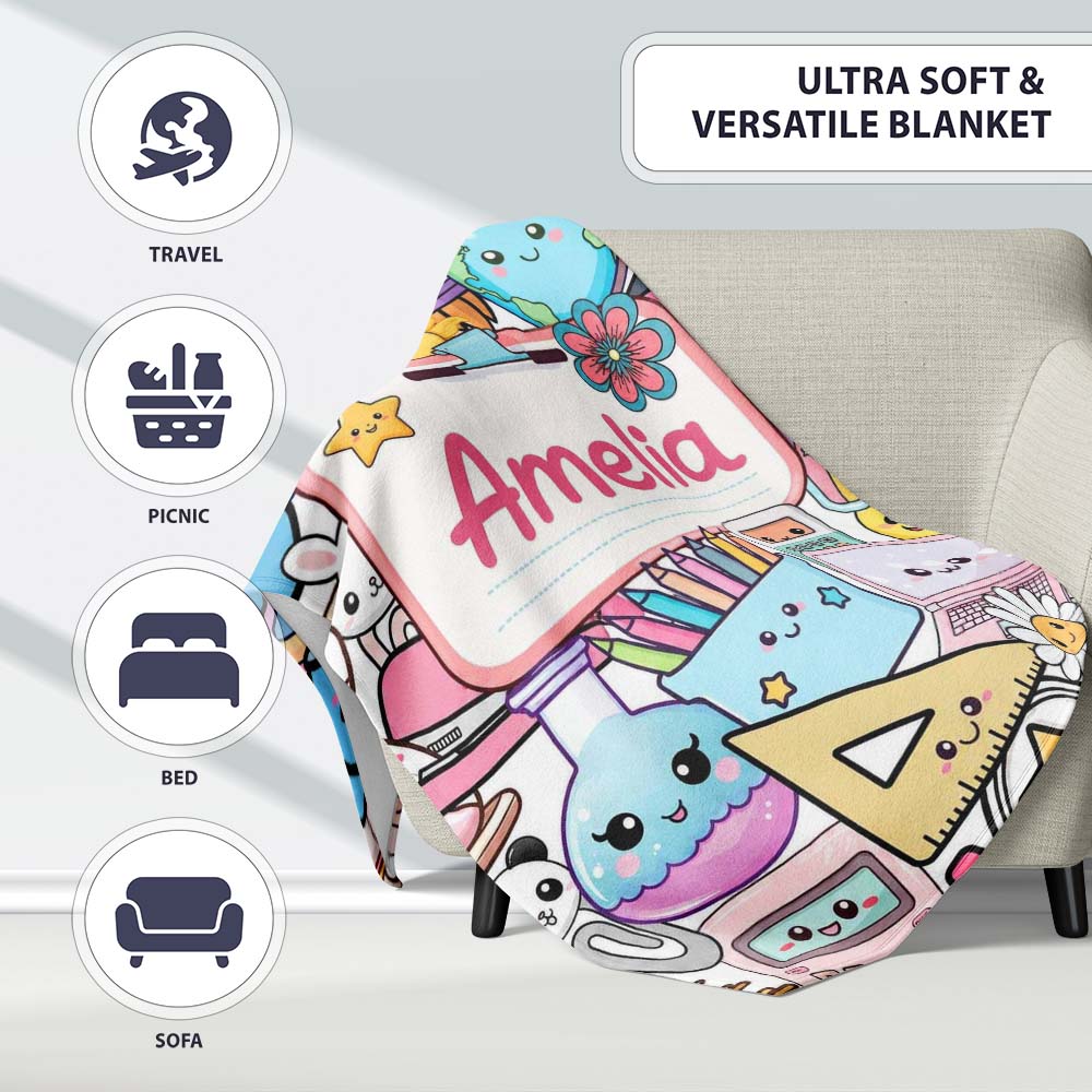 Cute Kawaii Busy School Supplies Desk Grey Background Seamless Personalised Custom Name Super Soft Fleece Blanket Bed Sofa Throw