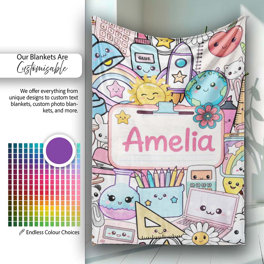 Cute Kawaii Busy School Supplies Desk Grey Background Seamless Personalised Custom Name Super Soft Fleece Blanket Bed Sofa Throw
