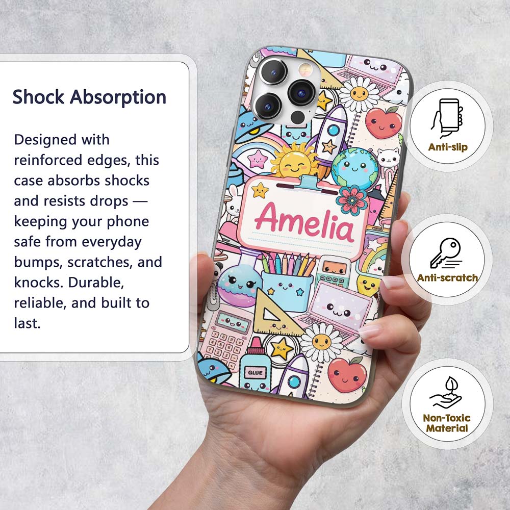 Cute Kawaii Busy School Supplies Printed Design Custom Name Protective Phone Case Mobile Cover Durable Everyday Smartphone Shock Resistant