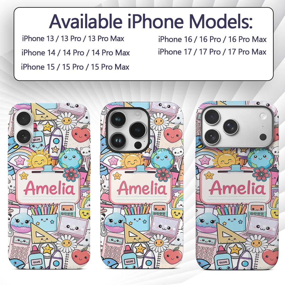 Cute Kawaii Busy School Supplies Printed Design Custom Name Protective Phone Case Mobile Cover Durable Everyday Smartphone Shock Resistant