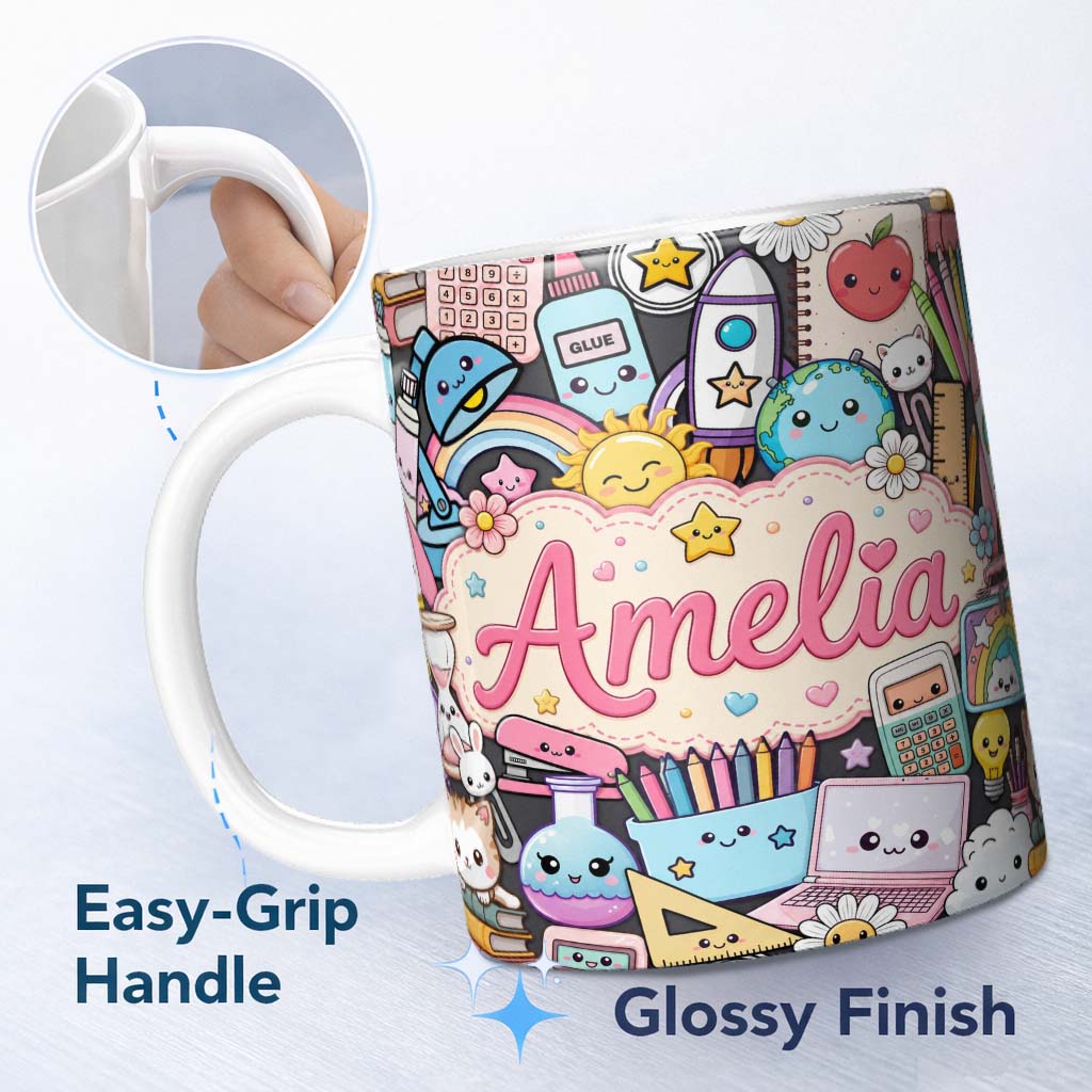 Personalized Custom Name Cute Kawaii Busy School Supplies Desk Yellow Background Seamless 11oz Ceramic Coffee Tea Mug White Large Handle