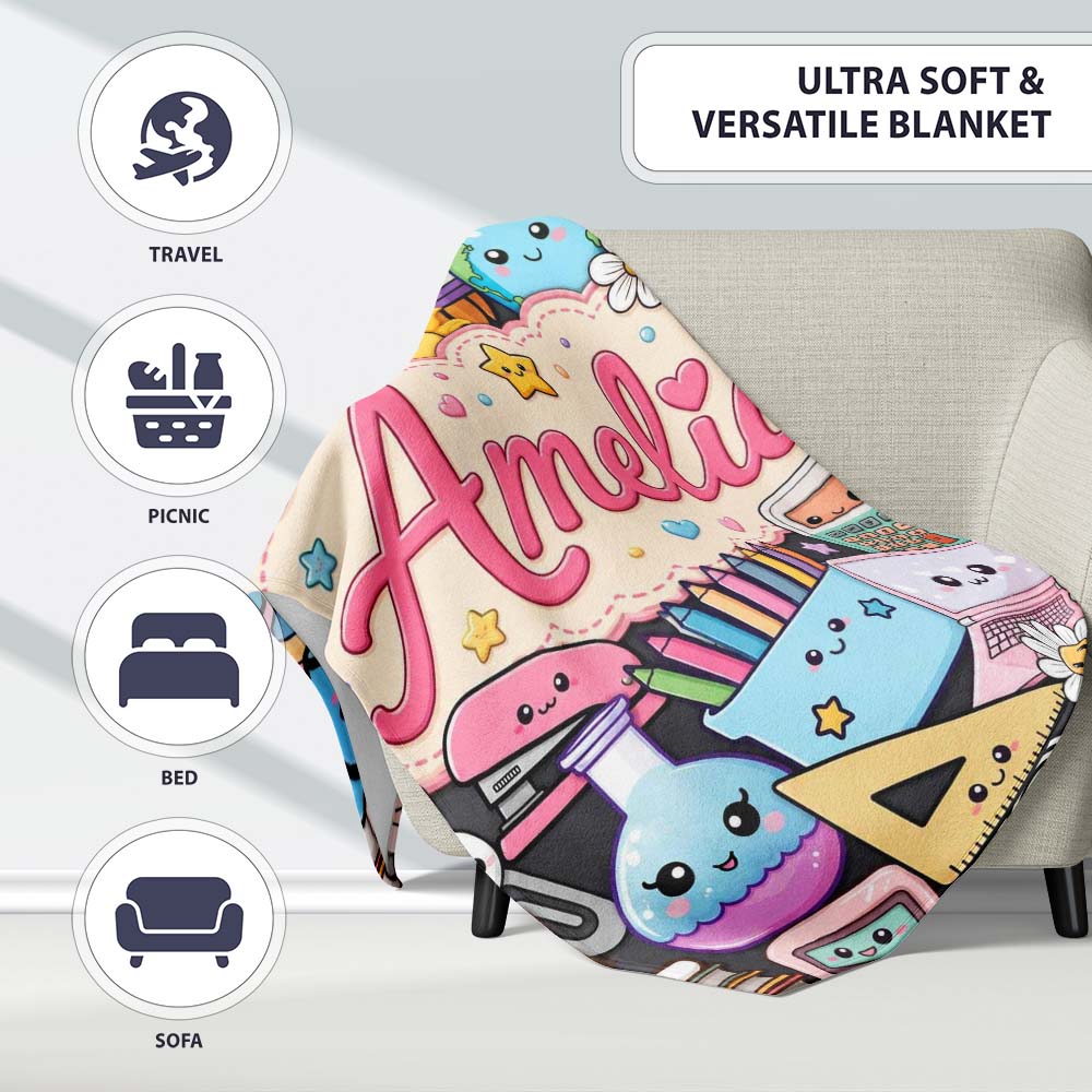 Cute Kawaii Busy School Supplies Desk Yellow Background Seamless Personalised Custom Name Super Soft Fleece Blanket Bed Sofa Throw