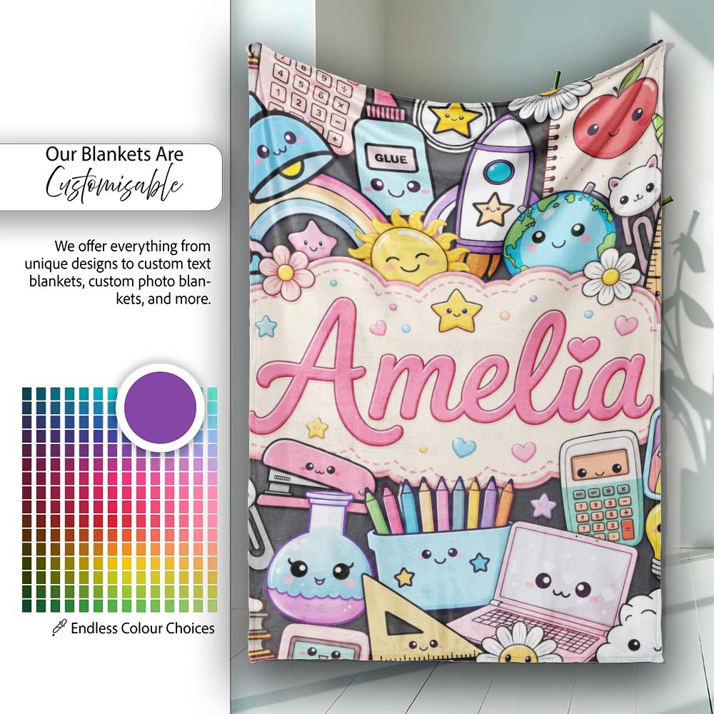 Cute Kawaii Busy School Supplies Desk Yellow Background Seamless Personalised Custom Name Super Soft Fleece Blanket Bed Sofa Throw