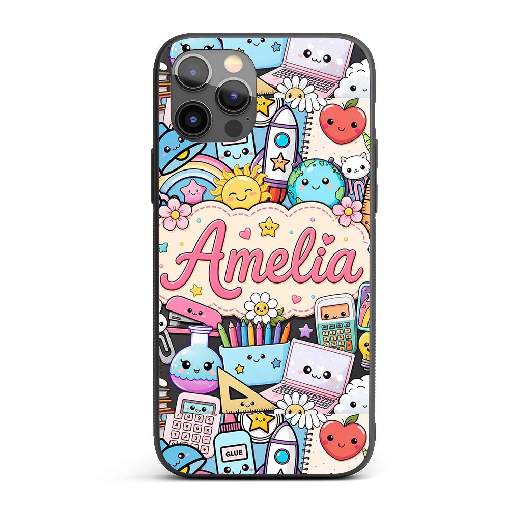 Cute Kawaii School Supplies Desk Rainbow Sun Custom Name Protective Phone Case Mobile Cover Durable Everyday Smartphone Shock Resistant