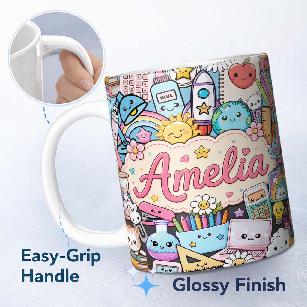 Personalized Custom Name Cute Kawaii School Supplies Desk Rainbow Sun Globe Seamless Pattern 11oz Ceramic Coffee Tea Mug White Large Handle