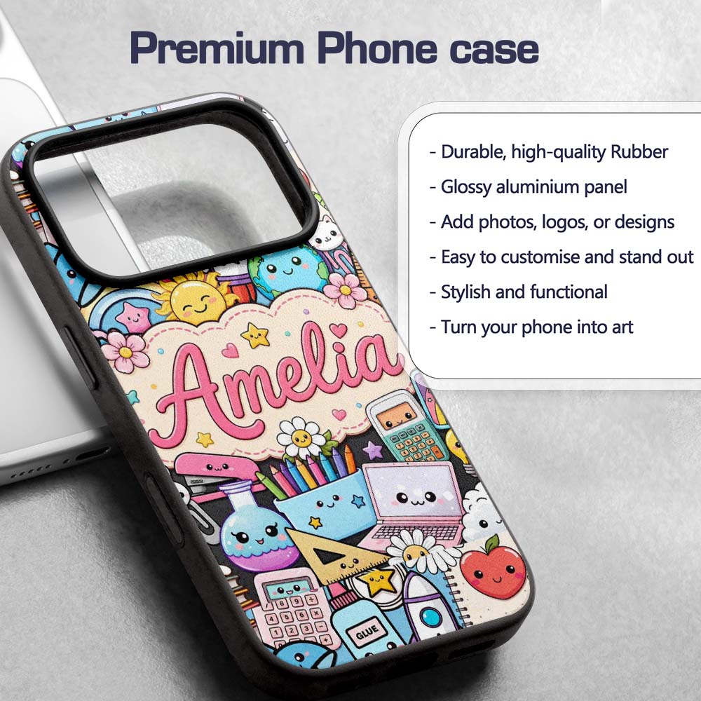 Cute Kawaii School Supplies Desk Rainbow Sun Custom Name Protective Phone Case Mobile Cover Durable Everyday Smartphone Shock Resistant