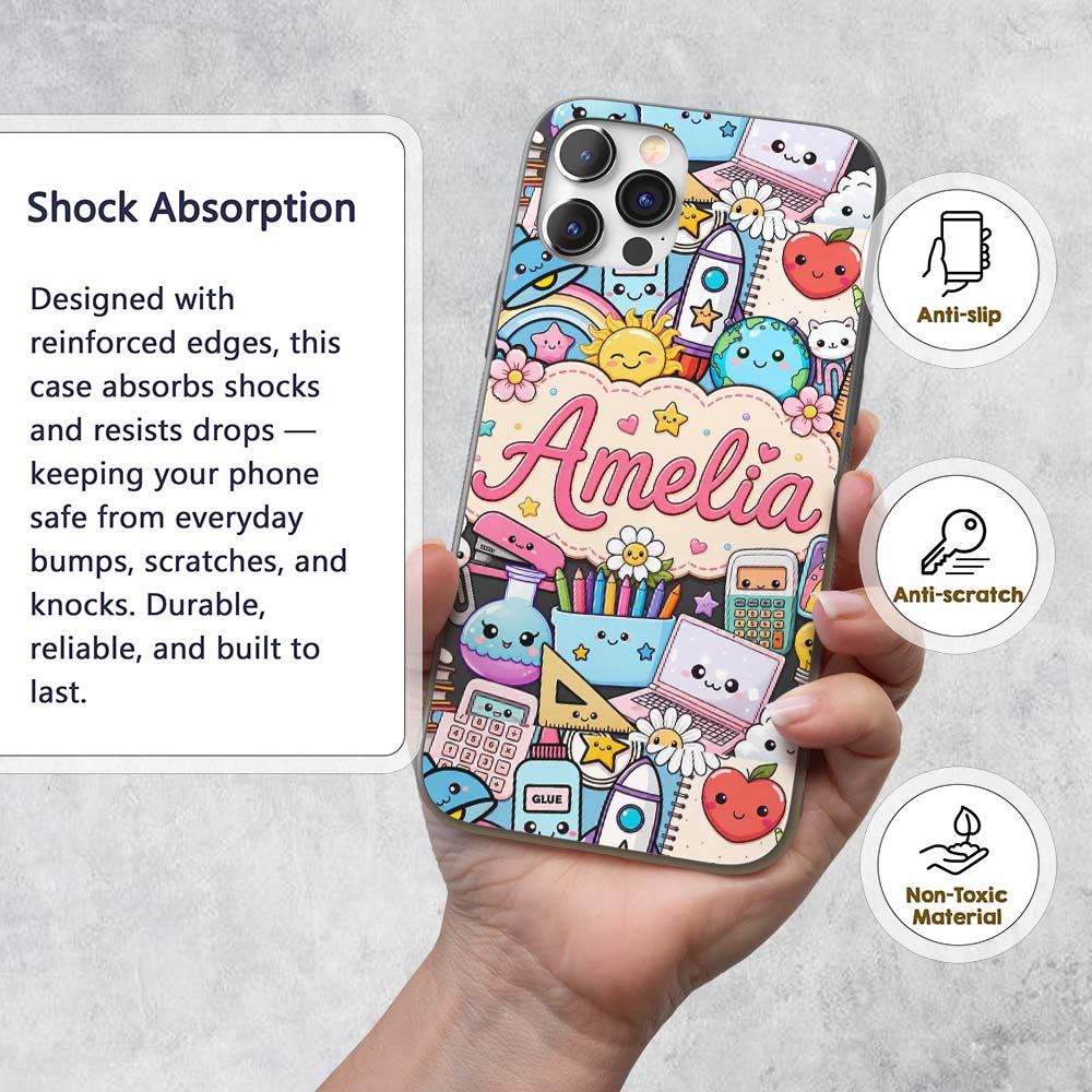 Cute Kawaii School Supplies Desk Rainbow Sun Custom Name Protective Phone Case Mobile Cover Durable Everyday Smartphone Shock Resistant