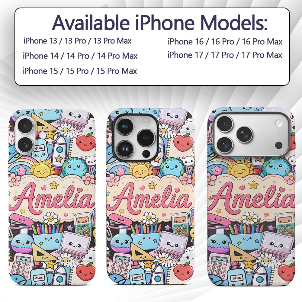 Cute Kawaii School Supplies Desk Rainbow Sun Custom Name Protective Phone Case Mobile Cover Durable Everyday Smartphone Shock Resistant