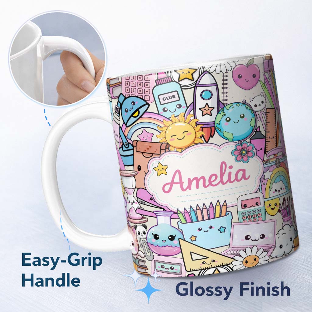 Personalized Custom Name Cute Kawaii School Supplies Desk Rainbow Sun Globe Cream Seamless 11oz Ceramic Coffee Tea Mug White Large Handle