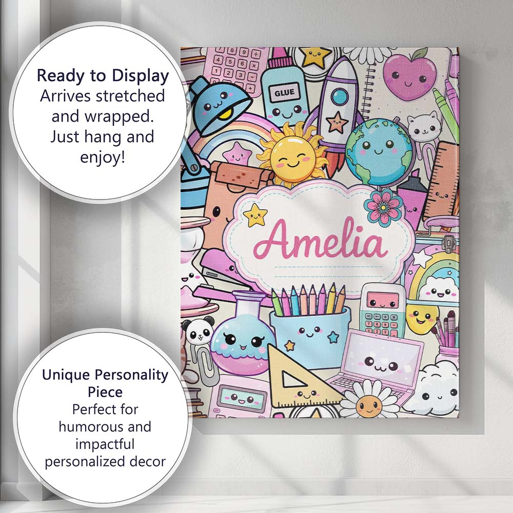 Personalised Name Cute Kawaii School Custom Premium Decorative Design Modern Room Accent Canvas Wall Art Print Decor Picture Ready to Hang