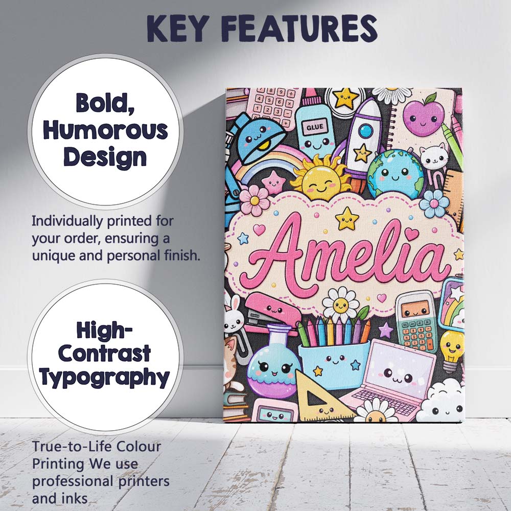 Personalised Name Cute Kawaii School Custom Premium Decorative Design Modern Room Accent Canvas Wall Art Print Decor Picture Ready to Hang