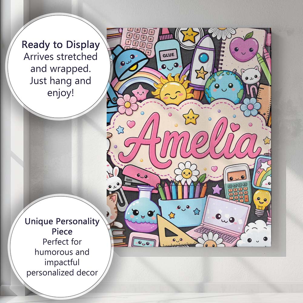 Personalised Name Cute Kawaii School Custom Premium Decorative Design Modern Room Accent Canvas Wall Art Print Decor Picture Ready to Hang
