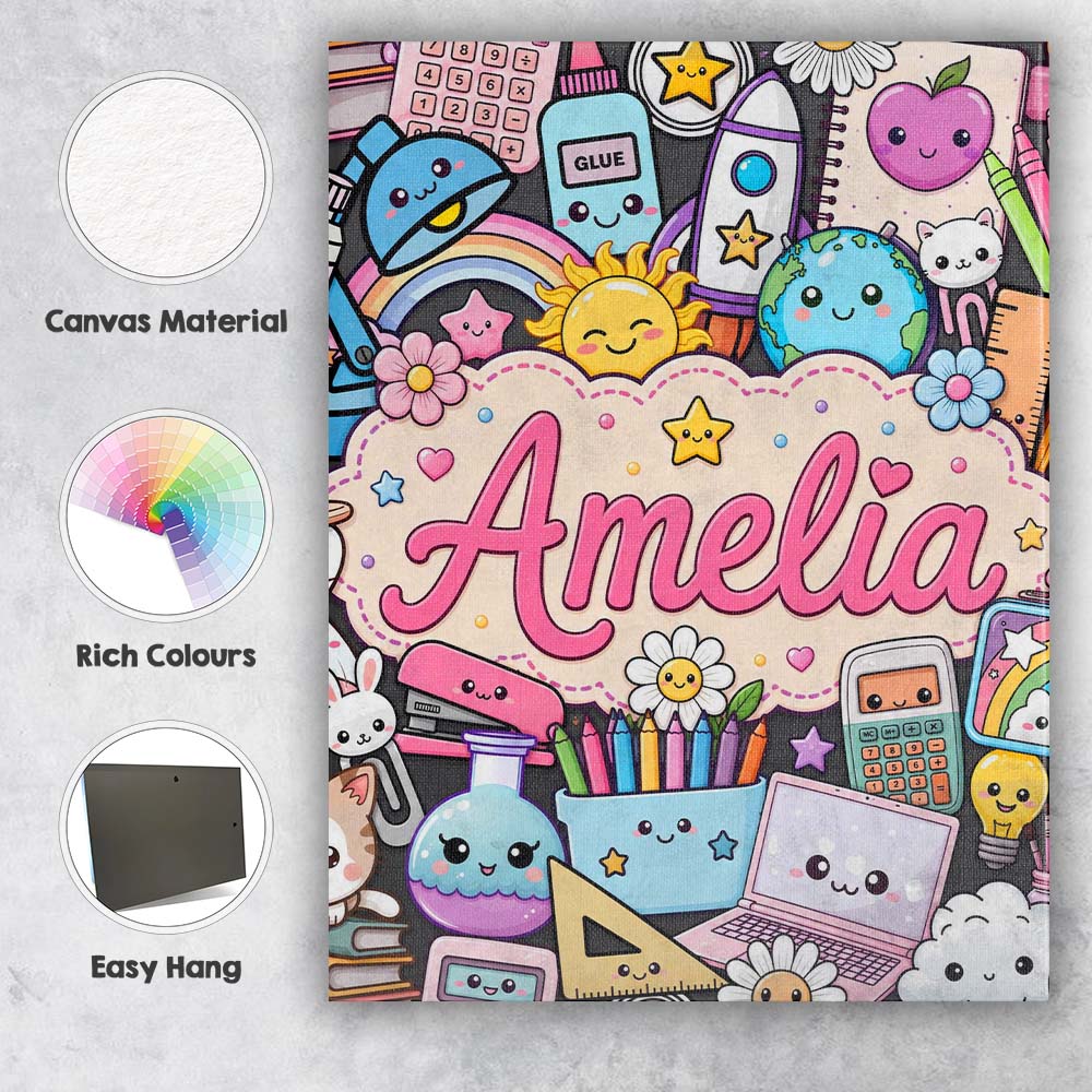 Personalised Name Cute Kawaii School Custom Premium Decorative Design Modern Room Accent Canvas Wall Art Print Decor Picture Ready to Hang