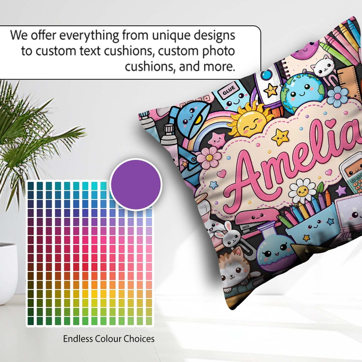 Custom Name Kawaii Supplies Desk Rainbow Sun Globe Dark Seamless Square Filled Cushion Throw Pillow Sofa Bed Home Decor Zip Washable UK Made