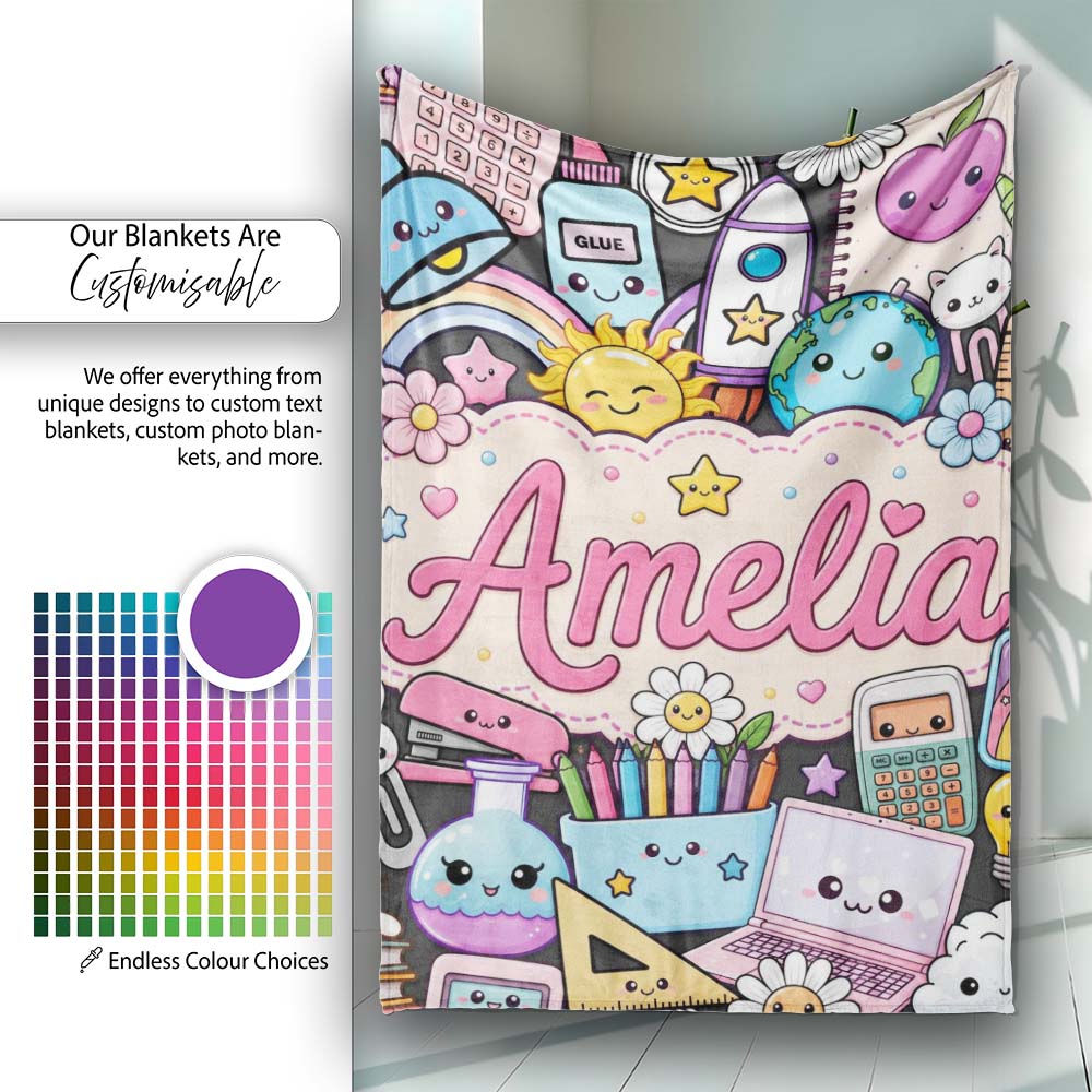 Cute Kawaii School Supplies Desk Rainbow Sun Globe Dark Seamless Personalised Custom Name Super Soft Fleece Blanket Bed Sofa Throw