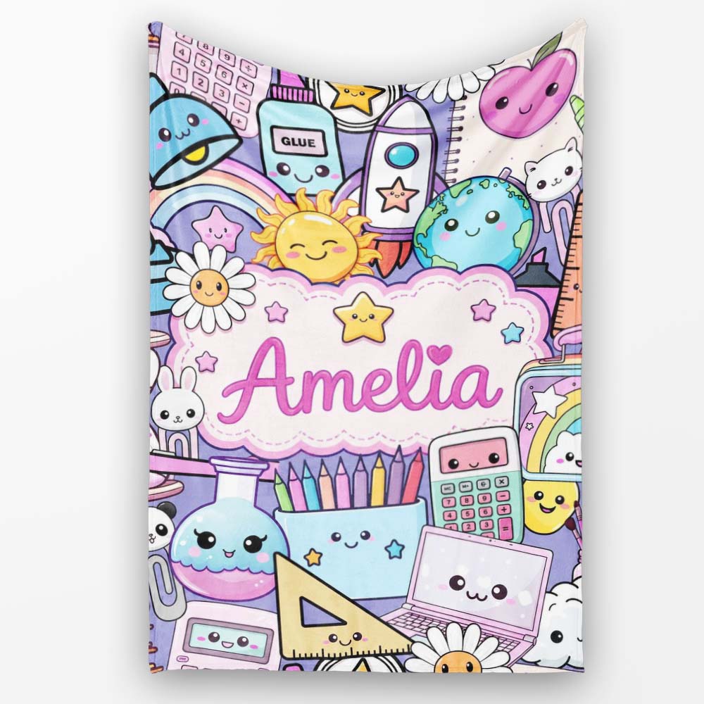 Cute Kawaii School Supplies Desk Rainbow Sun Globe Purple Seamless Personalised Custom Name Super Soft Fleece Blanket Bed Sofa Throw