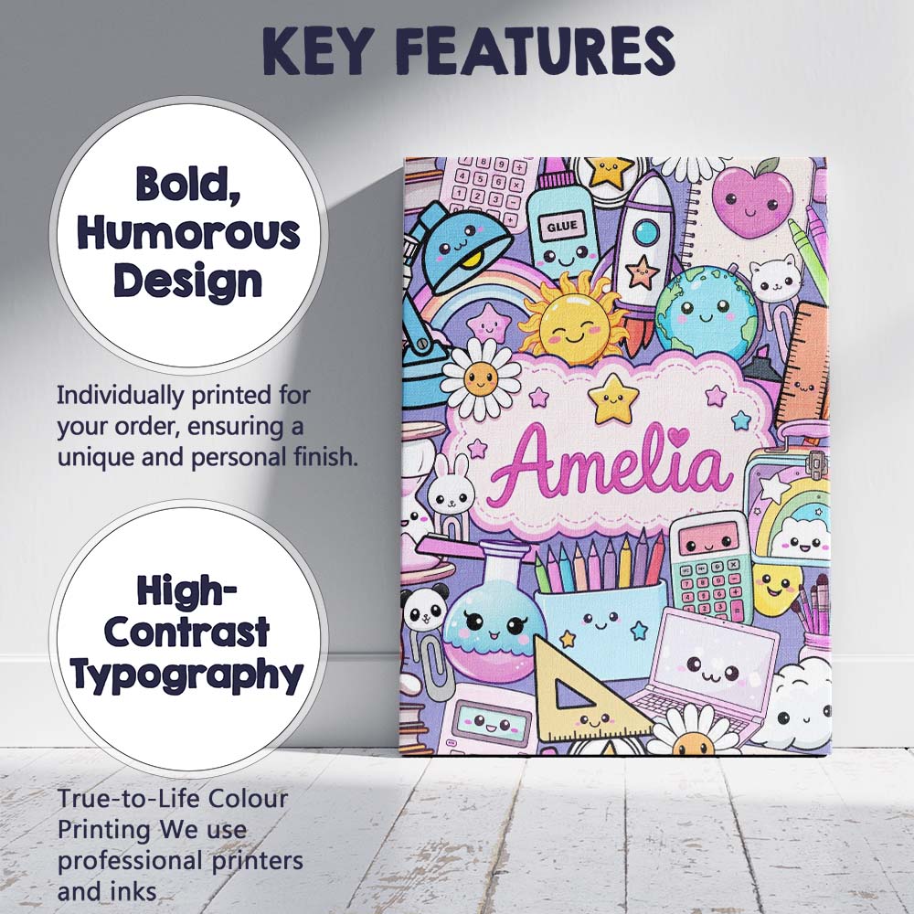 Personalised Name Cute Kawaii School Custom Premium Decorative Design Modern Room Accent Canvas Wall Art Print Decor Picture Ready to Hang