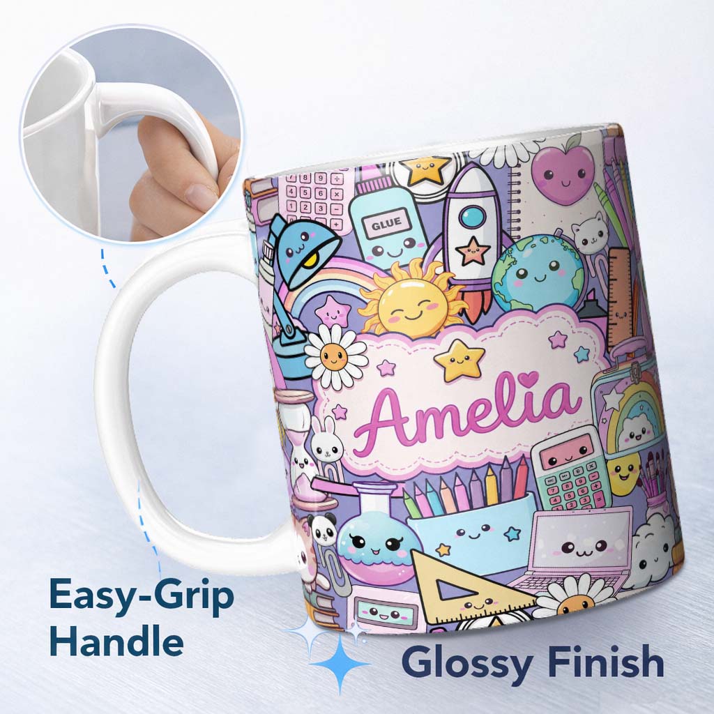 Personalized Custom Name Cute Kawaii School Supplies Desk Rainbow Sun Globe Purple Seamless 11oz Ceramic Coffee Tea Mug White Large Handle