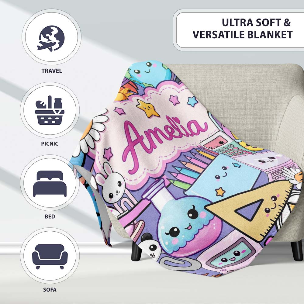 Cute Kawaii School Supplies Desk Rainbow Sun Globe Purple Seamless Personalised Custom Name Super Soft Fleece Blanket Bed Sofa Throw