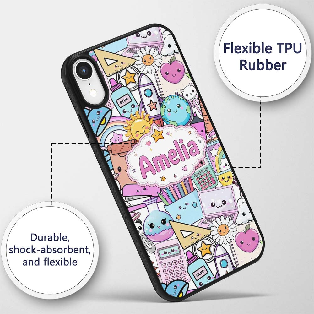 Cute Kawaii School Supplies Desk Rainbow Sun Custom Name Protective Phone Case Mobile Cover Durable Everyday Smartphone Shock Resistant