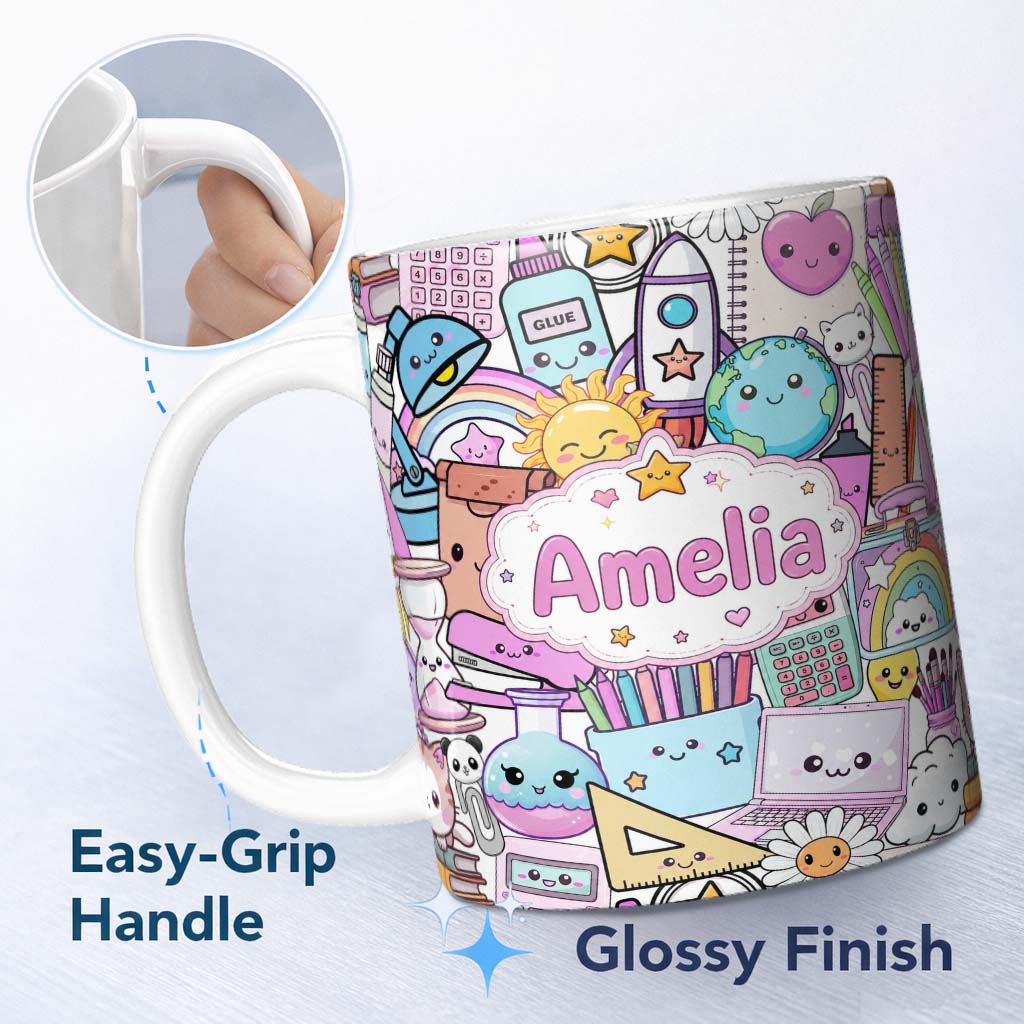 Personalized Custom Name Cute Kawaii School Supplies Desk Rainbow Sun Globe Pink Seamless 11oz Ceramic Coffee Tea Mug White Large Handle