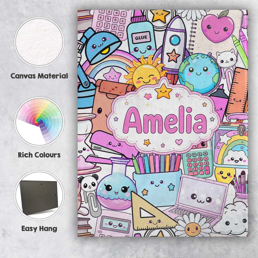 Personalised Name Cute Kawaii School Custom Premium Decorative Design Modern Room Accent Canvas Wall Art Print Decor Picture Ready to Hang