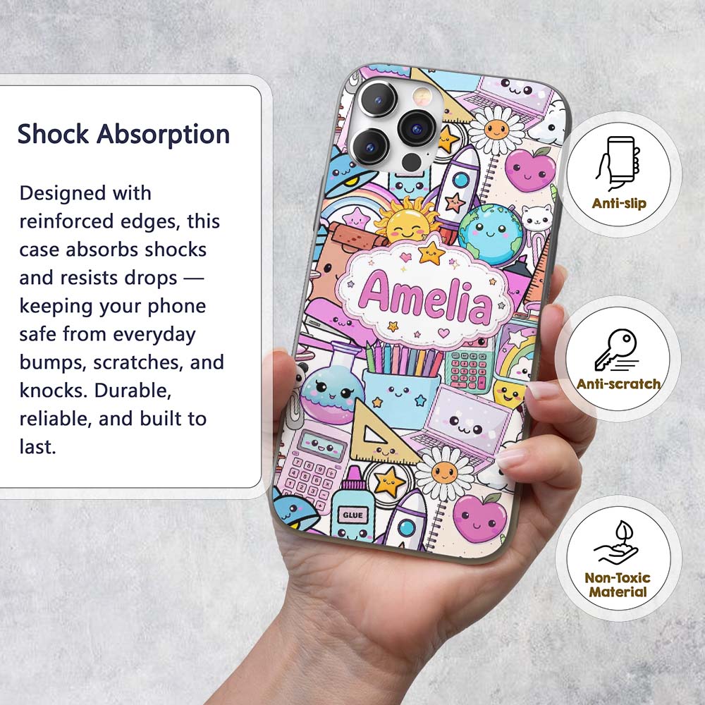 Cute Kawaii School Supplies Desk Rainbow Sun Custom Name Protective Phone Case Mobile Cover Durable Everyday Smartphone Shock Resistant