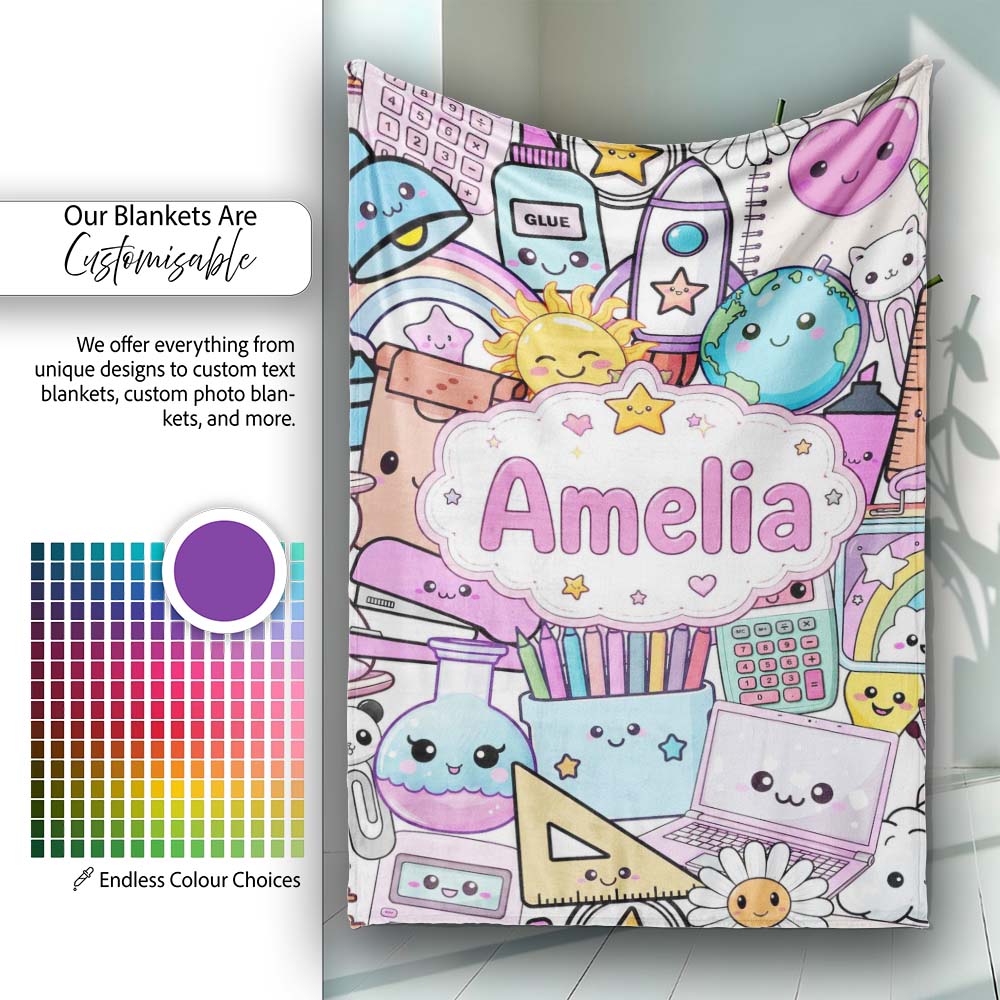 Cute Kawaii School Supplies Desk Rainbow Sun Globe Pink Seamless Personalised Custom Name Super Soft Fleece Blanket Bed Sofa Throw