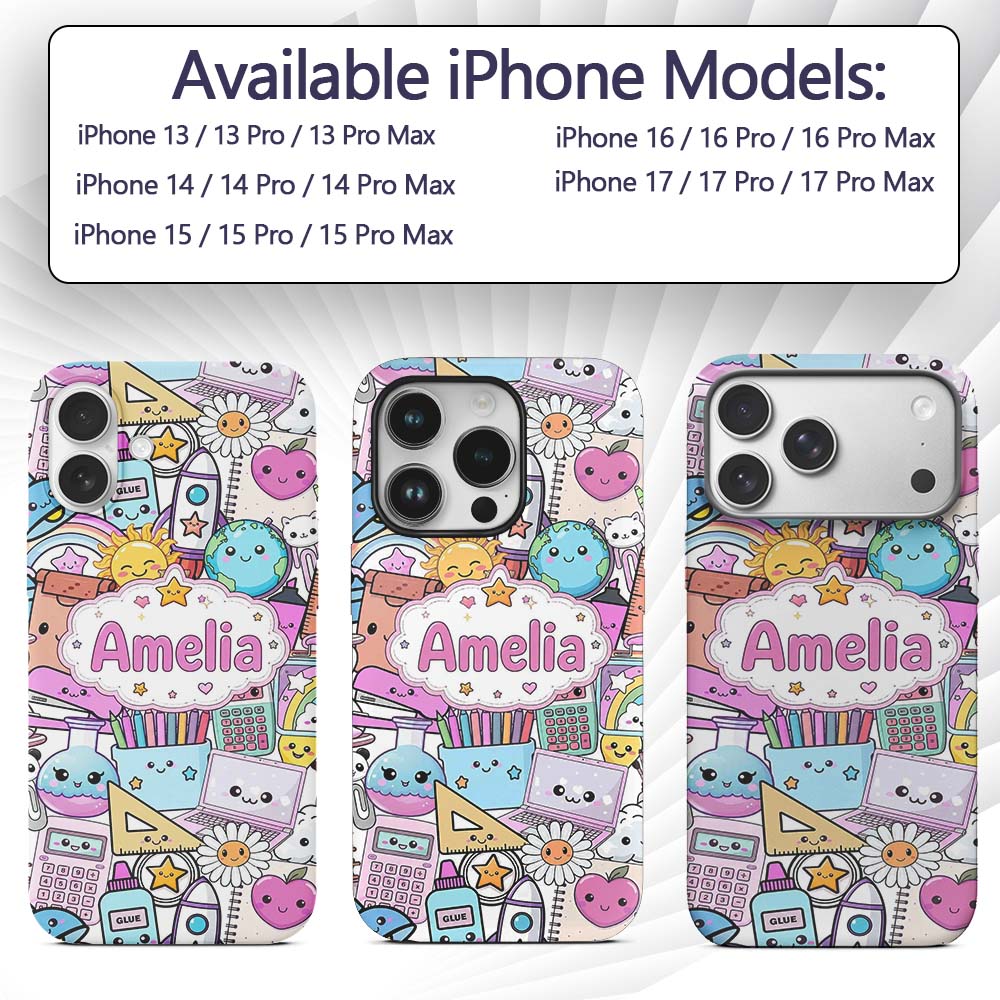 Cute Kawaii School Supplies Desk Rainbow Sun Custom Name Protective Phone Case Mobile Cover Durable Everyday Smartphone Shock Resistant
