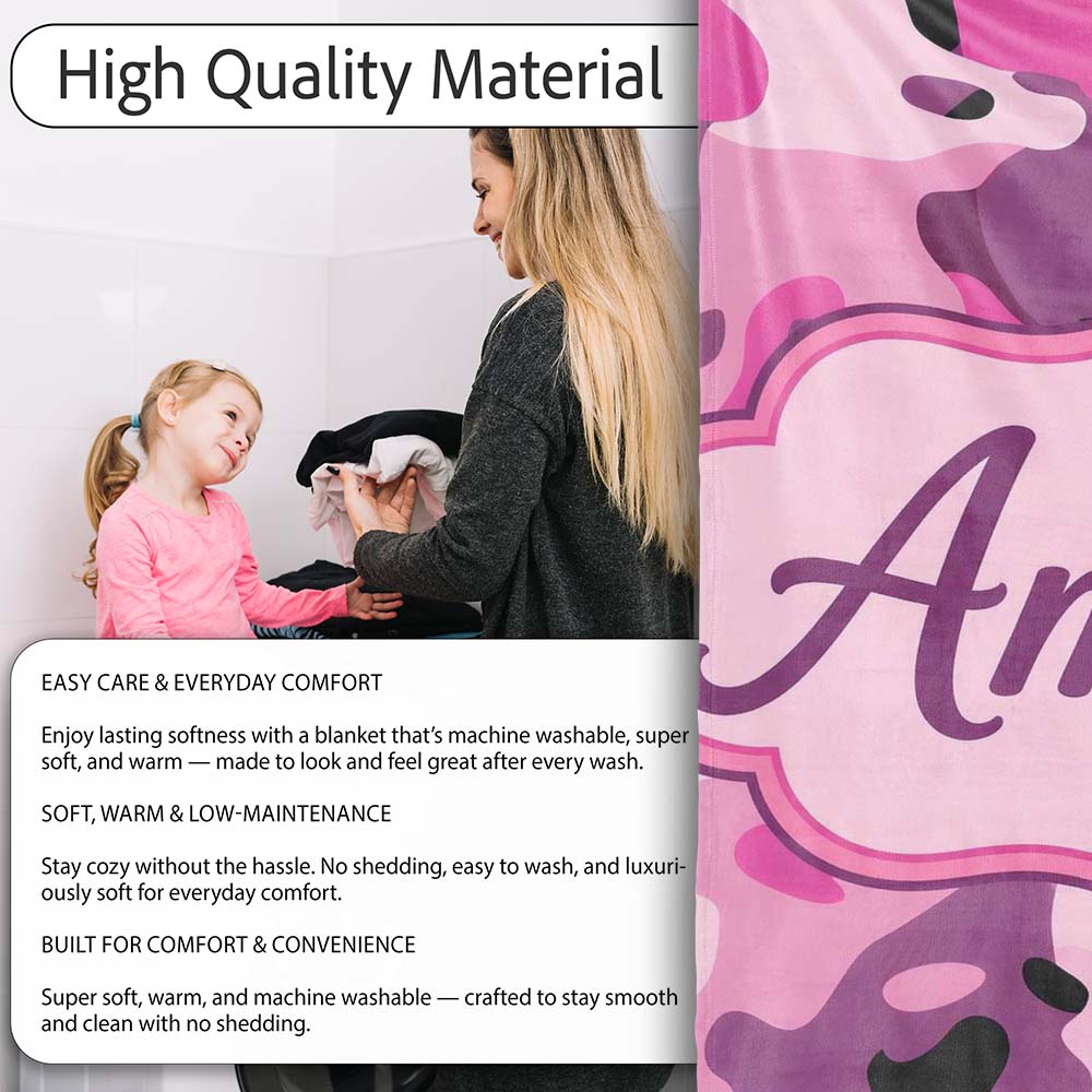 Pink Purple Camouflage Fashion Style Seamless Pattern Lovely Personalised Custom Name Super Soft Fleece Blanket Bed Sofa Throw