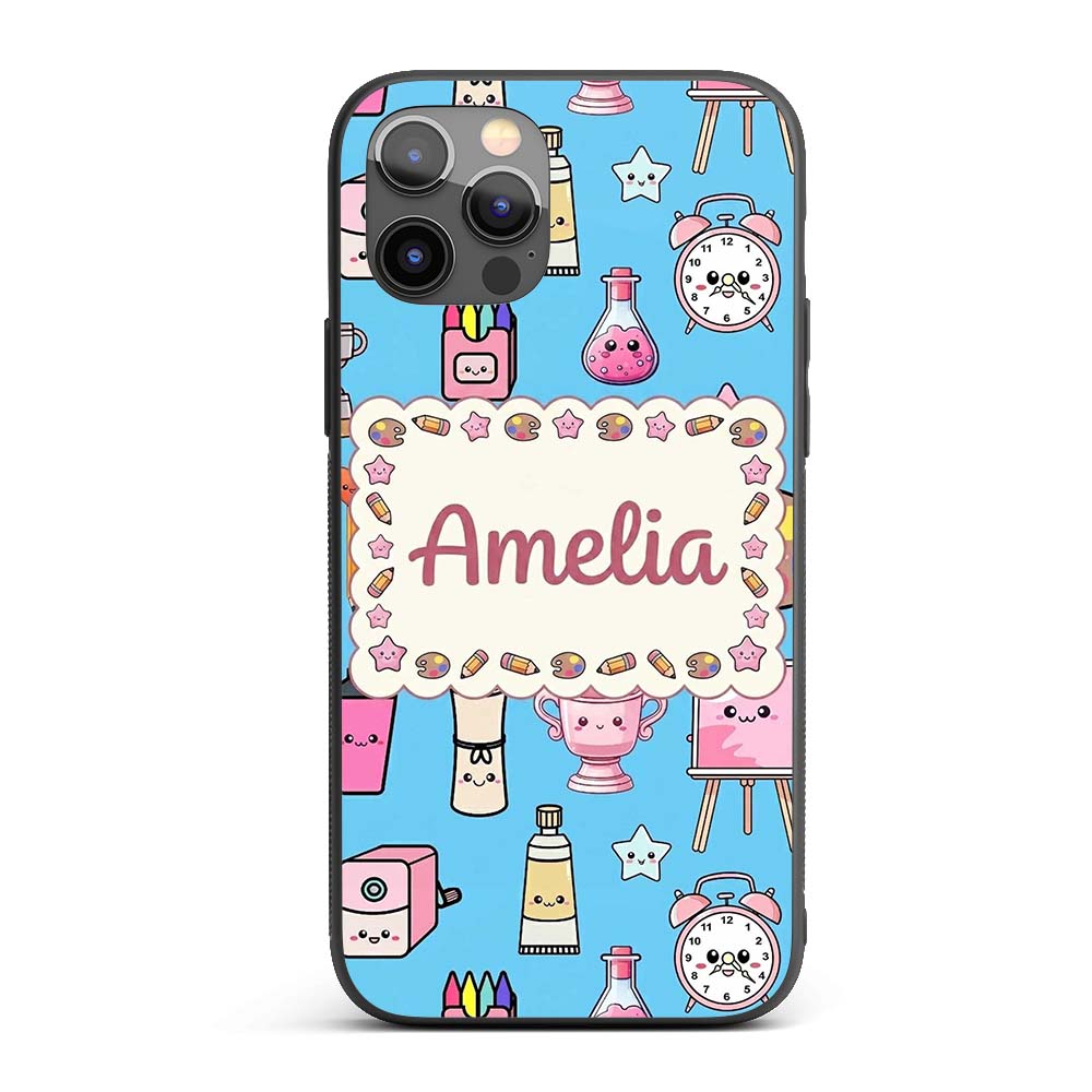 Cute Kawaii Graduation Student Art Supplies Blue Custom Name Protective Phone Case Mobile Cover Durable Everyday Smartphone Shock Resistant